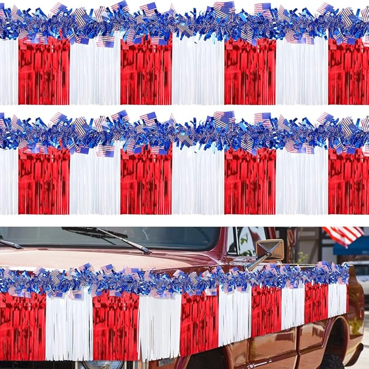 4 Pcs 4th of July Parade Float Decorations, American Flag Float Fringes and Patriotic Tinsel Garlands, Red White Blue Garland for Independence Day Memorial Day Decoration (American Flag)